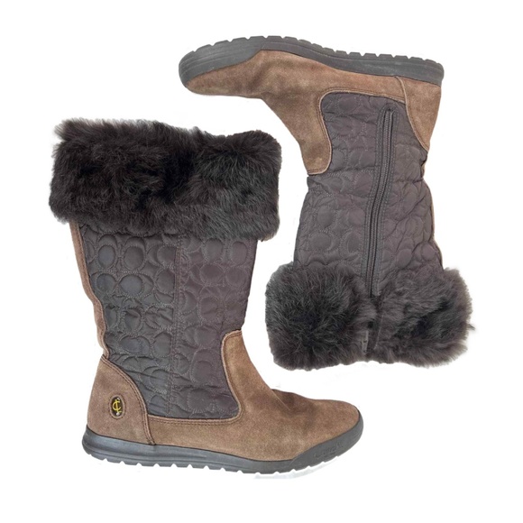 Coach Brown Talen Suede/Nylon/Rabbit Fur Winter Boots, Size 6 - Picture 1 of 13